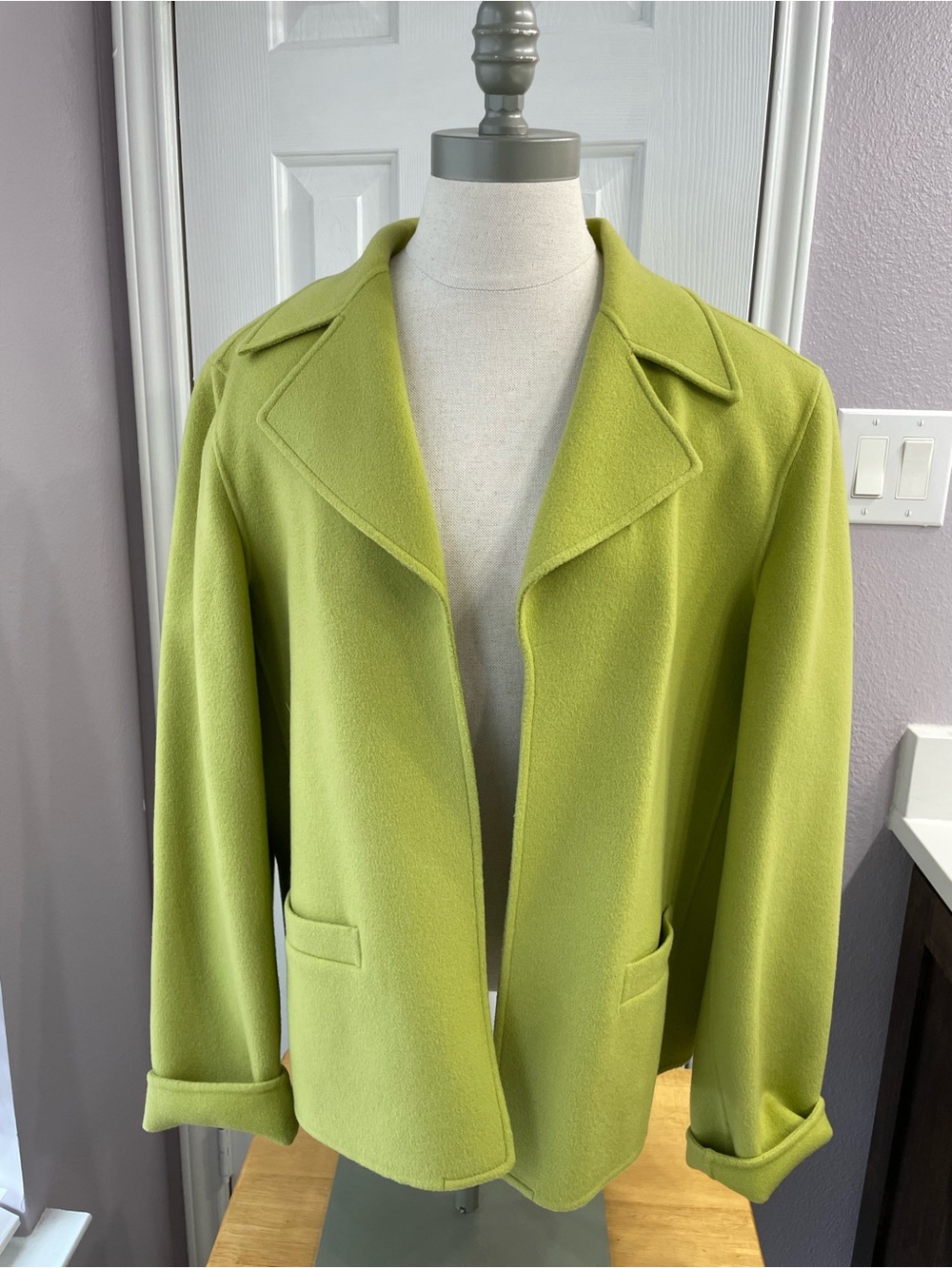 Talbots Vintage 100% Wool Chartreuse Green Open-Front Coat Jacket Size 16